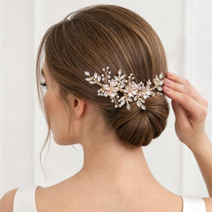 SWEETV Wedding Hair Clip for Brides Comb Bridal Hair Accessories Headpiece | Gold Handmade Flower Pearl Hair Comb Rhinestone Leaf Bridal Headpiece, Crystal Wedding Hair Pieces Brides Bridesmaids Women - color: Rose Gold