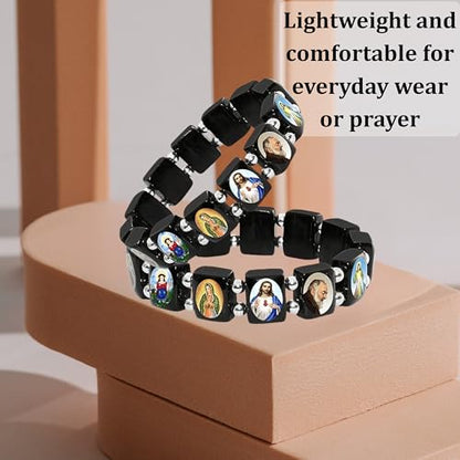 Catholica Shop Devotional Catholic Religious Wood Stretch Bracelets. Small and Large Panels with Assorted Images of Saints, Jesus and Mary. Unisex. Handcrafted in Brazil - style: Small Silver Tone