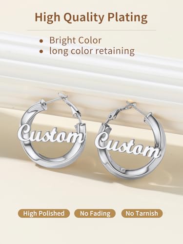 FindChic Twisted Hoop Earrings for Women, Silver/Black/14K Gold Plated Hypoallergenic Hollow Tube Rounded Loop Earrings, 30mm/40mm/60mm/80mm Hoops with Custom Name Options and Gift Box - color: e.Silver (Custom Name), size: 30MM