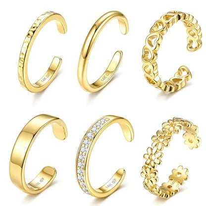 Besteel 10PCS 14K Gold Filled Nose Ring Studs - 6PCS Toe Rings for Women Non Tarnish Hypoallergenic Trendy Summer Beach Jewelry for Women