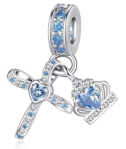 Silver Cross Birthstones Charm Fit for Pandora Charms Bracelet Crown Dangle Charms Beads Birthday Jewelry Gifts for Women - style: March