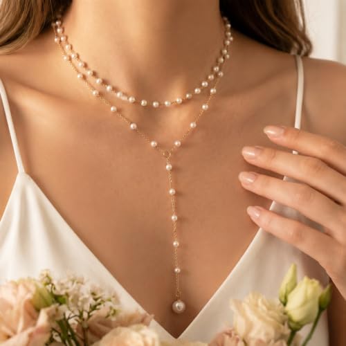 Amaxiu Layered Pearl Necklaces for Women, Y Shape Pearls Necklace for Women | Dainty Layered Faux Pearl Drop Chain Choker, Trendy Dainty Gold Pearls, Layering Necklace Jewelry Gift for Her