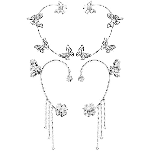 2 Pairs Dainty Silver Butterfly Ear Cuffs & Wraps for Women Non Piercing Bling Butterfly Tassel Style Zircon Earrings Ear Clips Bridal Wedding Jewelry - color: Silver-D