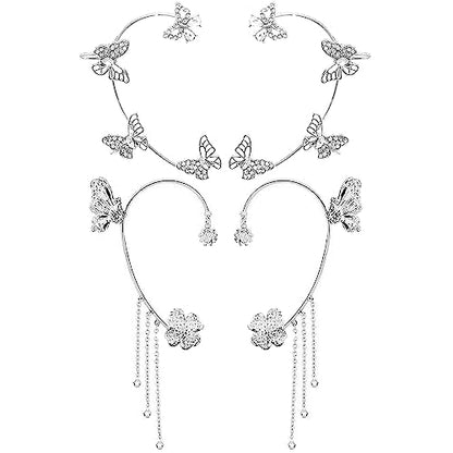 2 Pairs Dainty Silver Butterfly Ear Cuffs & Wraps for Women Non Piercing Bling Butterfly Tassel Style Zircon Earrings Ear Clips Bridal Wedding Jewelry - color: Silver-D