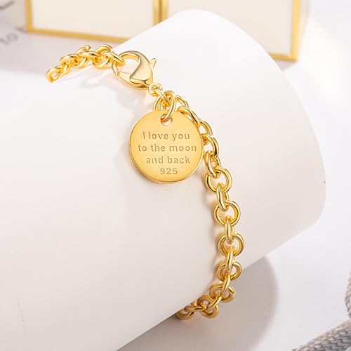Dankadi Women 925 Sterling Silver Round Cable Wire Link Bracelet Charm Heart-Bell-Square-Circle Pendant Chain Bangle Fine Jewelry Gift For Wife Her - color: 6MM Gold Round Pendant, size: 6.7 in