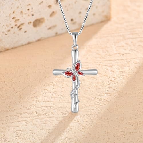 Cross Necklace for Women 925 Sterling Silver Butterfly Necklace Birthstone Pendant Created Gemstone Jewelry Gifts for Women - color: 01 January - Garnet