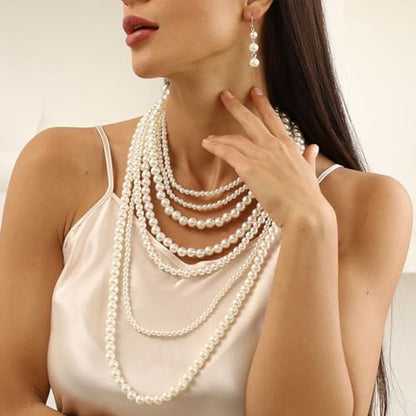 Long Pearl Necklace Layered Pearls Necklace and Earrings Set Pearl Body Jewelry