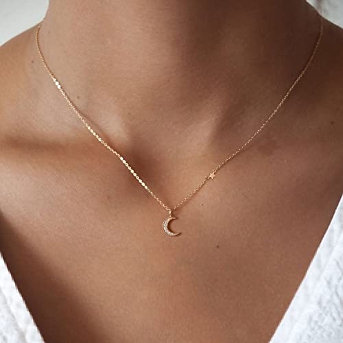 HANLI 14K Gold Plated Necklaces for Women - Dainty Butterfly, Star of David, Moon and Star, Sun, Lotus, Infinity, Hummingbird, Bee,Boots,Chill,Sunflower Pendant Designs - Elegant Jewelry for Women - color: Moon and Star