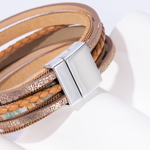 Boho Leather Wrap Bracelets Beaded Stackable Cuff Bracelet Country Concert Outfits Cowboy Cowgirl Western Jewelry Gifts for Women - color: 2layer-Brown