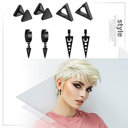 Aroncent 2-8Pcs Womens Mens Huggie Hoop Triangle Earrings Viking Runes Stainless Steel Ear Stud Novelty Black/Gold/Silver - color: C-Black