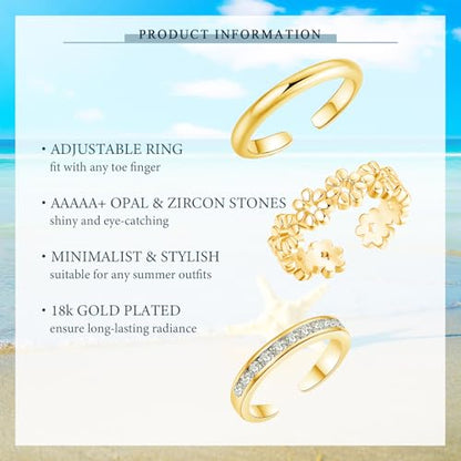 Sfoni 3Pcs Toe Rings for Women Men, Adjustable Open Toe Ring 18K Gold Cubic Zirconia Moonstone Daisy Flower Simple Thin Band Hug Rings Stackable Hawaiian Summer Beach Foot Jewelry Set - color: #Style 1-Gold-3pcs