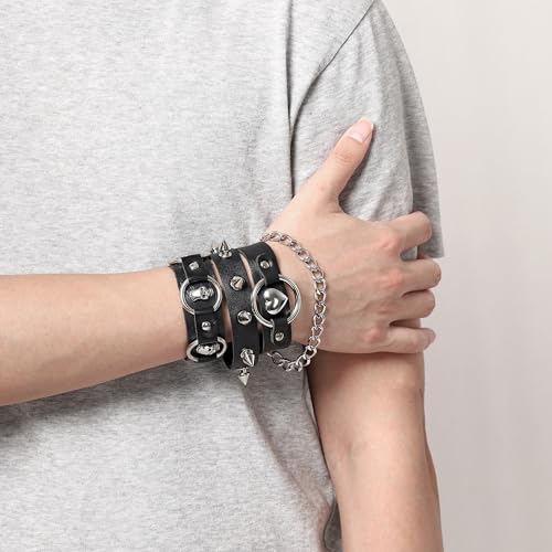 Mens Bracelet Braided Leather Punk Rock Cuff Bracelets Wrap Bracelet for Men Women Black - color: C:3PCS