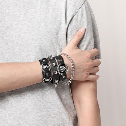 Mens Bracelet Braided Leather Punk Rock Cuff Bracelets Wrap Bracelet for Men Women Black - color: C:3PCS
