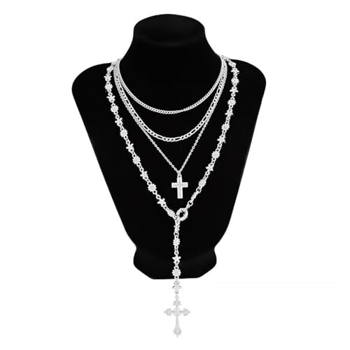 Silvery Layered Necklace for Women, Y Necklace with Cross Pendant, Dainty Stackable Jewelry Gift for Everyday Wear - style: 4PCS - Cuban Chain&Paper clip chain&Cross&Cross Flower Chain