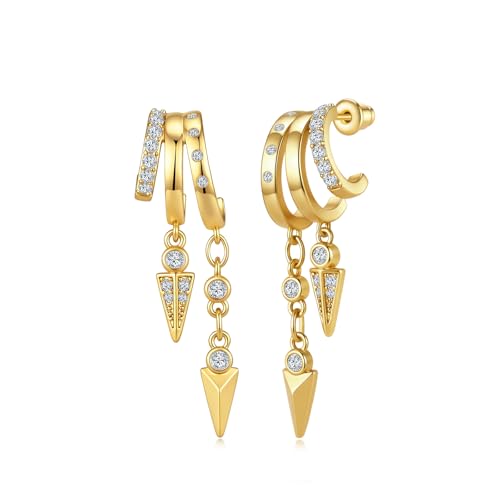 Cicy Bell Gold Earrings For Women 18k Gold Plated Triple Dangle Earrings | Hypoallergenic Drop Huggie Earrings Small Hoop Statement Chain Tassel Earrings Trendy Jewelry Gifts - color: Style D-Gold