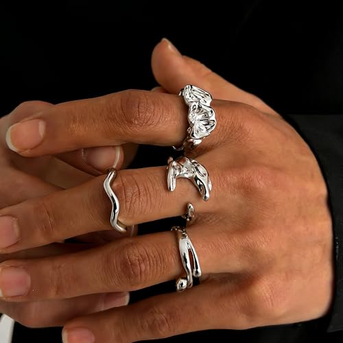 4Pcs Irregular Wavy Open Rings Minimalist Gold Silver Tone Jewelry for Men - color: A Silver