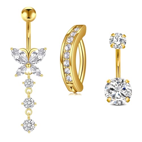 Mayhoop 14G Belly Button Rings 316L Surgical Stainless Steel Dangle Clicker Belly Ring Dangling Piercing Jewelry With Heart Flower Butterfly Silver Gold Tone For Women - color: 3pcs-gold