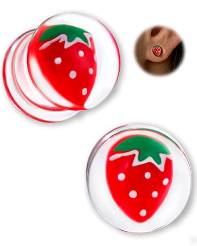 2PCS Strawberry Ear Gauges 00g to 5/8'' Simulated Strawberry Resin Plugs Saddle Double Flared Tunnels Stretcher Expander Ear Plug Expanders Acrylic Ear Gauges Piercing Jewelry - size: 14mm
