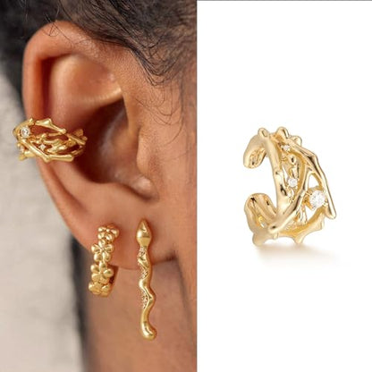 Women Ear Cuff Earring Gold Non Pierced Ear Cartilage Clip on Wrap Hoop 14K Gold Filled Tiny Boho Beach Simple Minimalist Delicate Handmade Hypoallergenic Jewelry Gift-Sold as Single/Pair - style: Vine