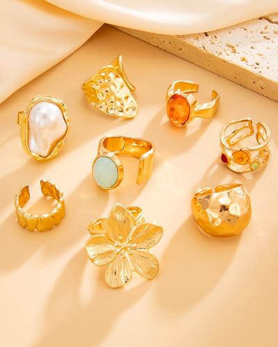 Chunky Gold Shell Starfish Ring Set for Women Trendy Gold Flower Scallop Seashell Starfish Gemstone Rings Adjustable Stacking Statement R-ings Non Tarnish Spring Summer Jewelry Accessories - color: B1:8 pcs