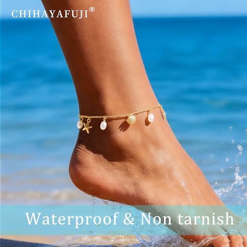 Sterling Silver Ankle Bracelets for Women 14k Gold Plated Waterproof Dainty Layered Stackable Seashell Pearl Charm Non Tarnish Adjustable Anklet for Summer Beach Jewelry Gift - color: Gold3