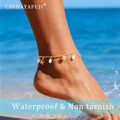 Sterling Silver Ankle Bracelets for Women 14k Gold Plated Waterproof Dainty Layered Stackable Seashell Pearl Charm Non Tarnish Adjustable Anklet for Summer Beach Jewelry Gift - color: Gold3