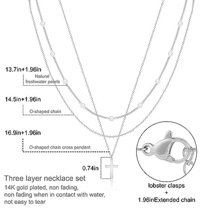 ASCOMY Layered Necklaces for Women Dainty Gold Necklace 14K Gold Plated Herringbone Necklace for Women Pearl Cross Necklace Paperclip Cuban Figaro Rope Satellite Chain Gold Choker Trendy Jewelry Gift - style: 3Layer O Chain Pearl Cross-SL