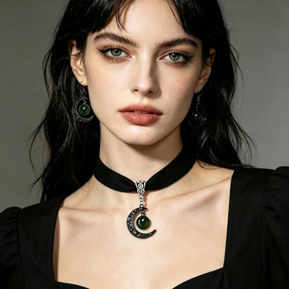 ONLYJUMP Gothic Witch Moon Earrings Necklace Set for Women Goth Black Velvet Moon Choker Necklace Moon Zirconia Dangle Drop Earrings Dark Halloween Witch Vampire Jewelry - color: Green