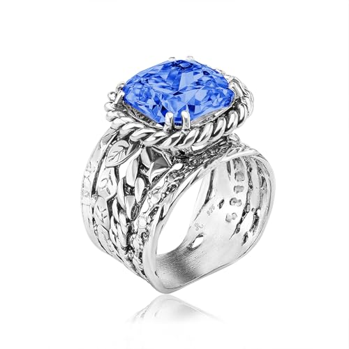 JEAN RACHEL JEWELRY 925 Sterling Silver Braid Leaf Cushion Ring | Ornate statement ring beautifully adorned with sculpted leaf motifs, twisted rope braids, and a CZ center stone. - color: Tanzanite CZ