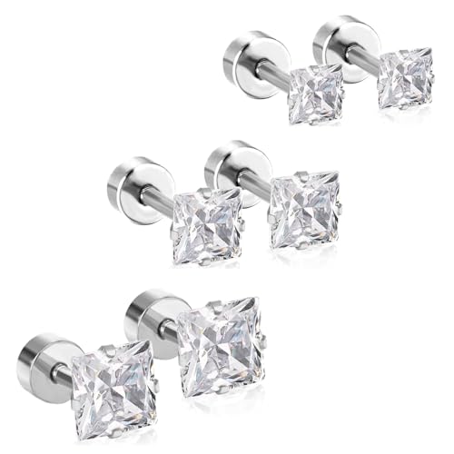 18G Princess Cut Clear Cubic Zirconia Cartilage Small Stud Earrings for Men Women Square Barbell Tragus Helix Screw Sleeper Surgical Steel Flat Back Piercing Studs Hypoallergenic 3 Pairs 3-5mm - color: Silver