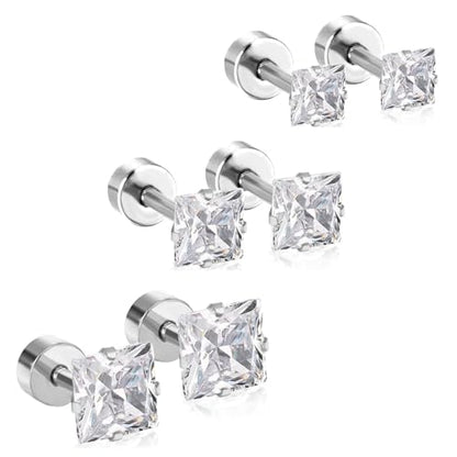 18G Princess Cut Clear Cubic Zirconia Cartilage Small Stud Earrings for Men Women Square Barbell Tragus Helix Screw Sleeper Surgical Steel Flat Back Piercing Studs Hypoallergenic 3 Pairs 3-5mm - color: Silver