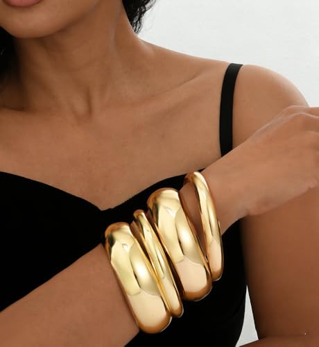 Chunky Gold Bangle Bracelets for Women, Dainty 14k Gold Plated Big Stackable Bangles Set, Trendy Statement Cuff Bracelet Stack Fashion Jewelry Gifts - style: 4 chunky gold bangles