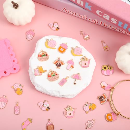 40 Pcs/20 Pairs Pink Fall Charms for Jewelry Making | Autumn Thanksgiving Day Charm, Pumpkin Maple Leaf Turkey Harvest Pendants, for Bracelet Necklace Earring, DIY Craft Gifts - style: Pink Fall