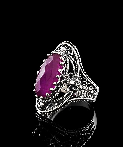Filigranist 925 Sterling Silver Handcrafted Filigree Art Flower Pattern Woman Oval Statement Ring, Gift Boxed - color: Ruby Corundum