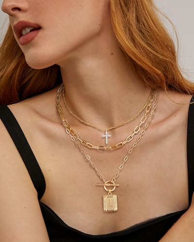 MJartoria Layered Initial Necklaces for Women Trendy, 14K Gold Plated Brass Simple Dainty Cross Choker Square Letter Pendant Necklace, Paperclip Chain Necklaces Jewelry - color: Gold, style: L