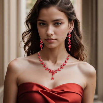 EVER FAITH Marquise Crystal Leaf Bridal Prom Jewelry Set for Women Bride | Rhinestone Wedding Party Necklace Dangle Earrings Tennis Bracelet, for Bridesmaid - color: Ruby Red