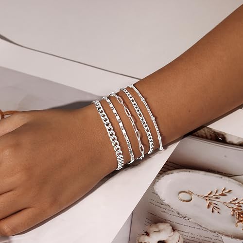 Gold Bracelets Set for Women Non Tarnish Trendy,14K Gold Plated Dainty Stackable Paperclip Cuban Link Chain Bracelets, Simple Cute Cuff Bracelets Jewelry Set Adjustable 7"+2" - color: Silver