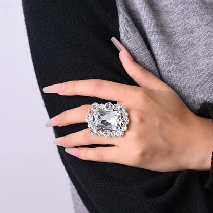 Silver Rectangle Rhinestone Statement Ring for Women Luxury Fashion Exaggerated Large Thick Chunky Geometric Crystal Finger Knuckle Band Wrap Open Adjustable Rings Wedding Cocktail Prom Party Jewelry Gift - color: Silver