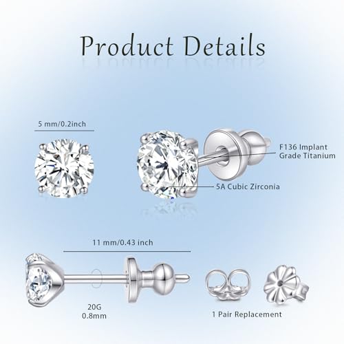 Limerencia Hypoallergenic G23 Pure F136 Implant Grade Titanium Earrings | 20G Flat Back Studs with CZ, Available in Round, Princess-Cut, Square & Ball, Earrings for Women and Men with Sensitive Ears - style: 5mm Cubic Zirconia