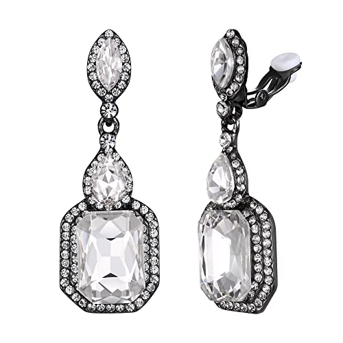 Women's Wedding Bridal Crystal Emerald Cut Infinity Figure 8 Chandelier Clip-On Dangle Earrings - color: Clear Black-Tone