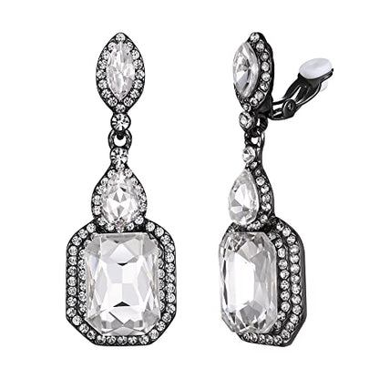 Women's Wedding Bridal Crystal Emerald Cut Infinity Figure 8 Chandelier Clip-On Dangle Earrings - color: Clear Black-Tone