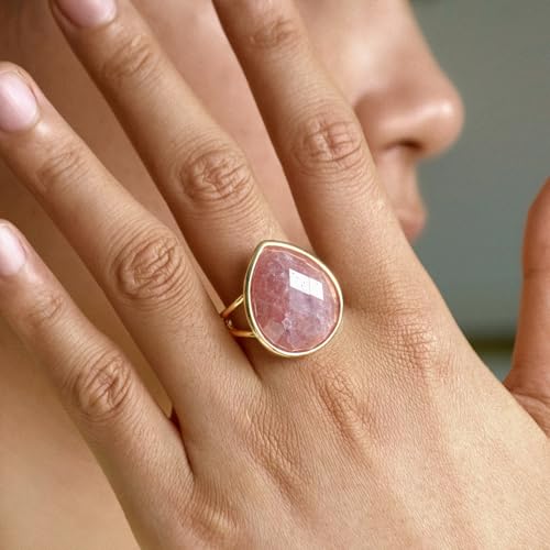 Crystal Ring for Women, Natural Rose Quartz Green Fluorite Ring for Her, Teardrop Shape Gemstone Ring, Handmade rose quartz Jewelry Adjustable Ring. - color: Red Strawberry Quartz