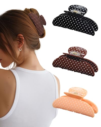 Molans 3PCS Hair Claw Clips Acrylic Clamps for women - Non-slip Strong Hold Barrettes for Thin Thick Hair, Medium hair clips Accessories(Brown Polka Dot) - color: Polka Dot 2