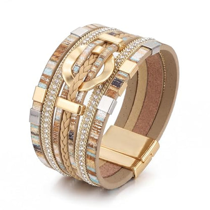 Edoneery Leather Wrap Bracelets for Women, Boho Layered Cuff Bangle | Multi-layer Leather Cuff, Daily wear, Stackable Bangle, Easy on-off, Western Jewelry Gifts for Women - color: Boho-2