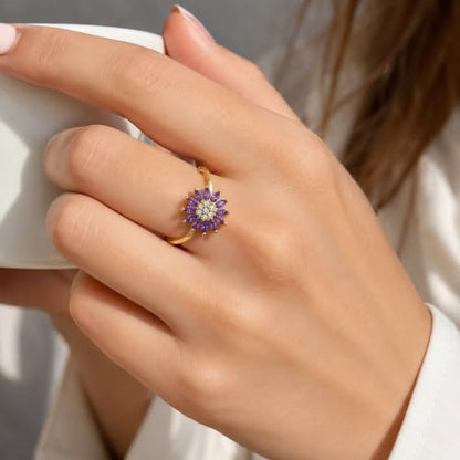 Sunflower Fidget Ring for Women Gold Anxiety Crystal Rings Cubic Zirconia Sunflower Open Adjustable Fidget Ring Spinner Sun Ring for Men Trendy Jewelry - color: Gold Purple