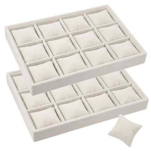 2 Pack 12 Grid Velvet Watch Tray Organizer with Removable Pillows - Stackable Bracelet & Bangle Display Holder for Drawer, Store, or Travel - Beige - color: Beige