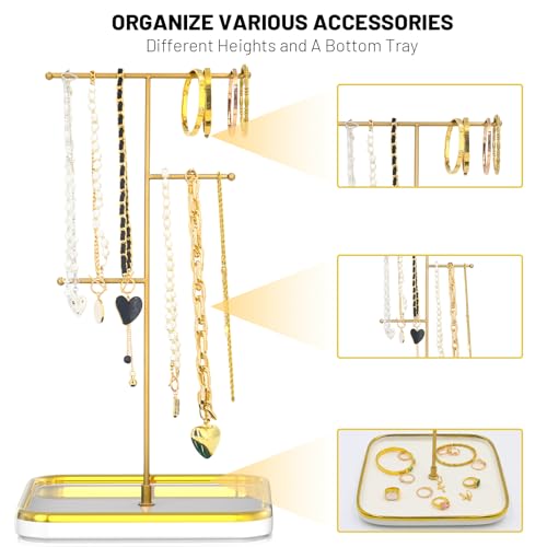 Gold Necklace Holder with Ceramic Base,Jewelry Organizer Stand,1.3ft Height Tall Necklace Hanger Tower Organizer, Aesthetic Jewelry Stand for Necklace, Earring, Bracelets, Rings Display (White)