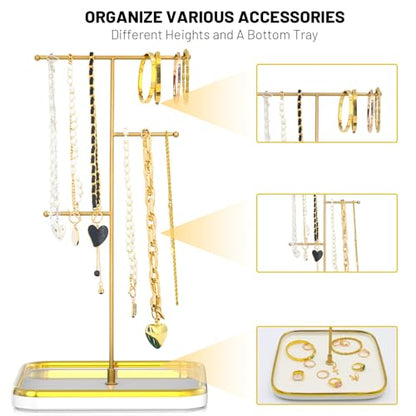 Gold Necklace Holder with Ceramic Base,Jewelry Organizer Stand,1.3ft Height Tall Necklace Hanger Tower Organizer, Aesthetic Jewelry Stand for Necklace, Earring, Bracelets, Rings Display (White)