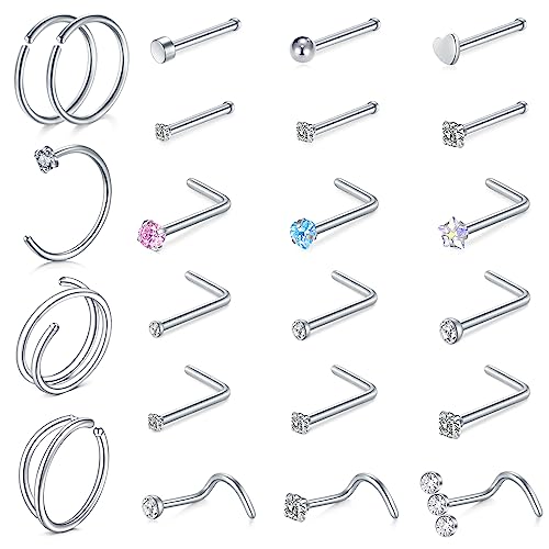MODRSA 20g Nose Rings Hoops Nose Studs for Women Surgical Steel Hypoallergenic 20 Gauge Nostril Piercing Jewelry L Shape Crokscrew Silver Rose Gold Black Hoop Nostril Rings for Men - color: 11 - Double Hoop 20g - Silver