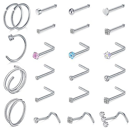 MODRSA 20g Nose Rings Hoops Nose Studs for Women Surgical Steel Hypoallergenic 20 Gauge Nostril Piercing Jewelry L Shape Crokscrew Silver Rose Gold Black Hoop Nostril Rings for Men - color: 11 - Double Hoop 20g - Silver